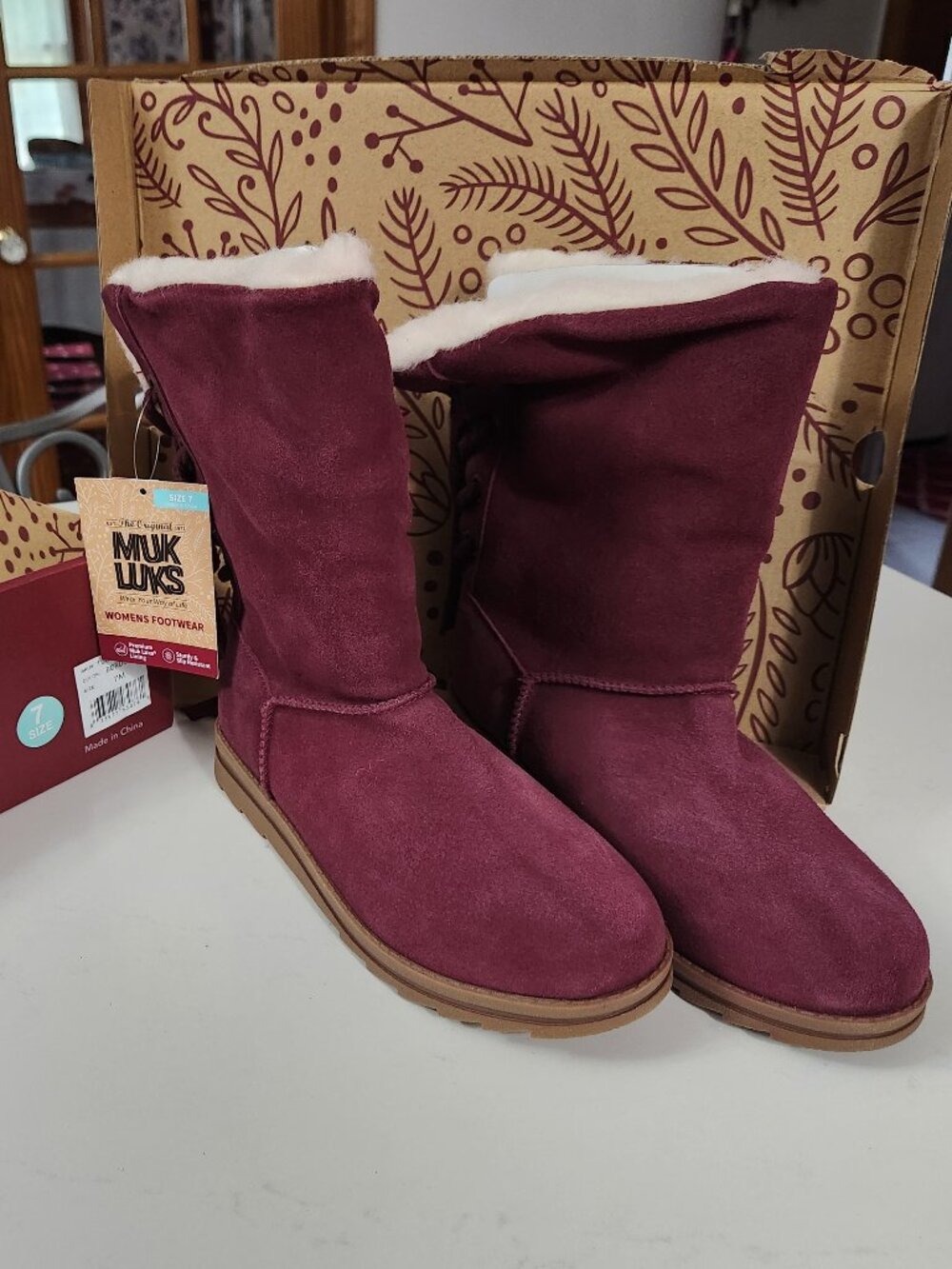 The Original MUK LUKS Size 7 Bordeaux Genuine Suede Ziggy Rodeo Snow Boot NWT
